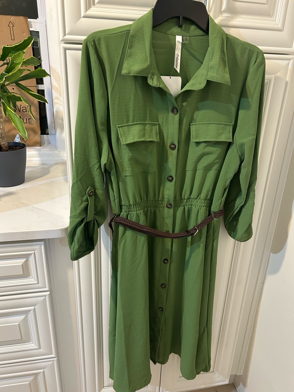 NY Collection Olive Green Button-Front Shirt Dress